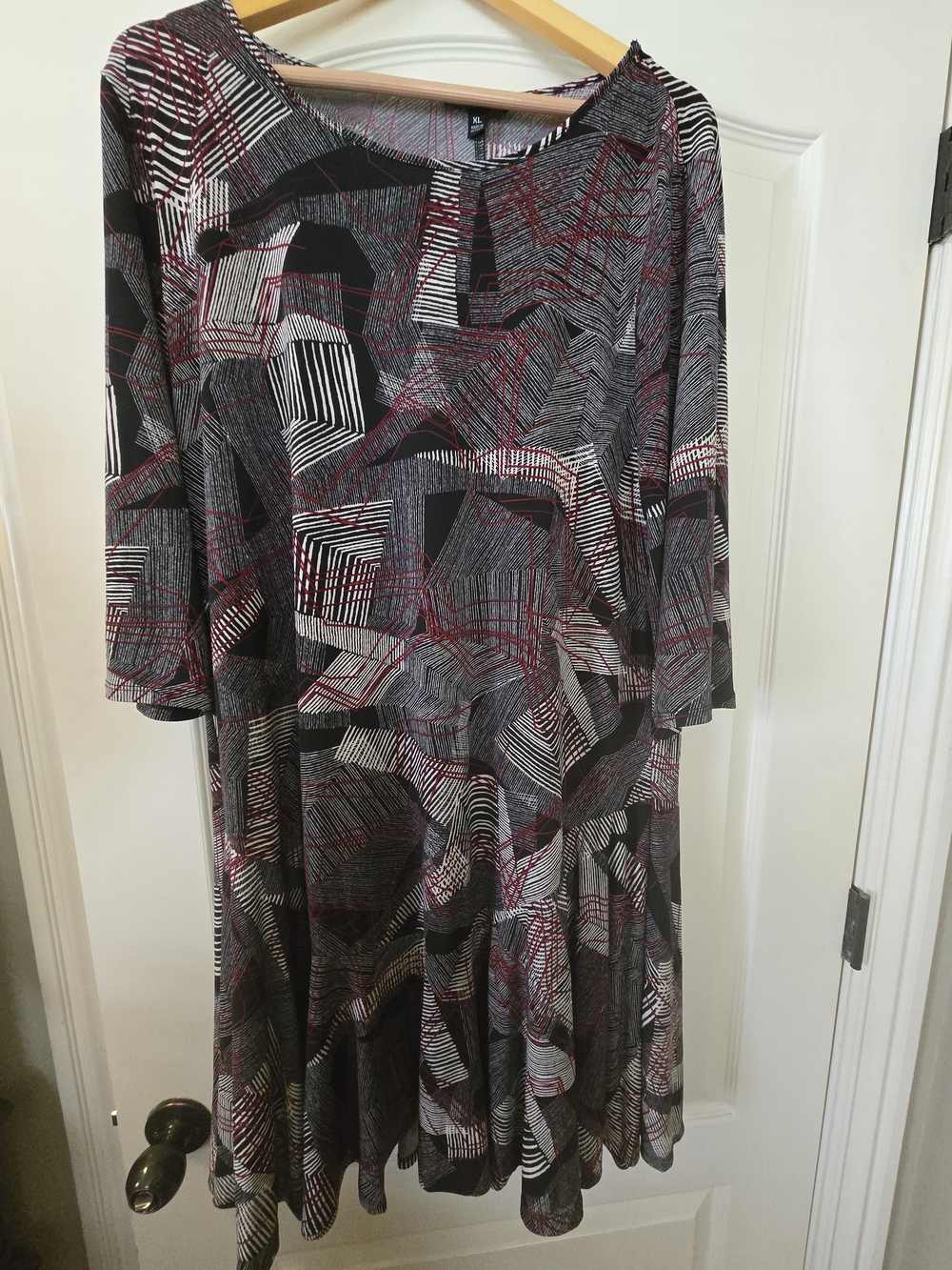 Geometric Print Long-Sleeve Swing Dress in Black, Gray & Red